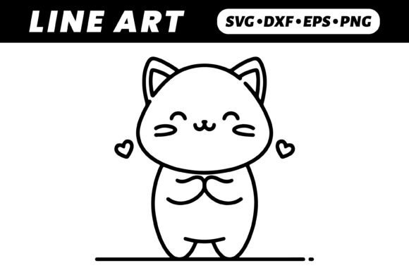 Adorable Kawaii Cat Cartoon, Line Art