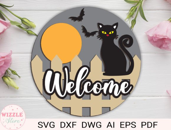 Black Cat Halloween Welcome Door Sign