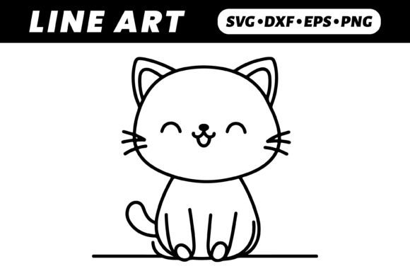 Cute Cartoon Cat, Line Art, Happy Pet