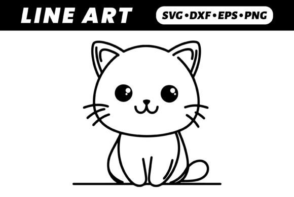 Cute Cartoon Cat, Line Art, Kawaii Style