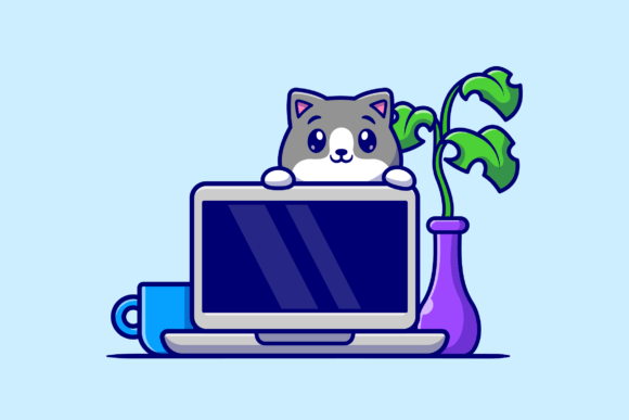 Cute Cat Behind Laptop Cartoon