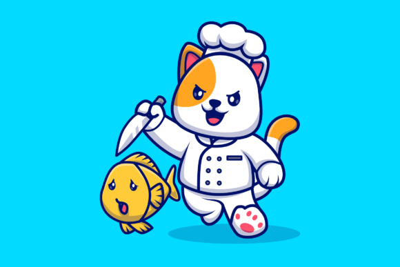 Cute Cat Chef Chasing Fish with Knife