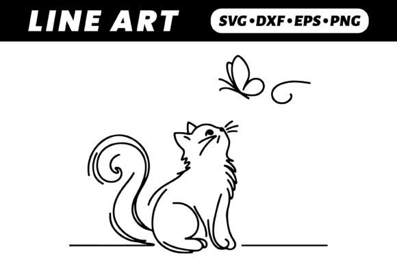 Cute Cat Watching Butterfly, Line Art