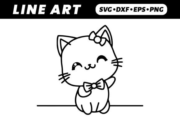 Cute Kawaii Cat Cartoon, Black Line Art