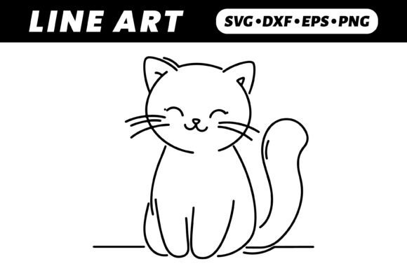 Cute Line Art Cat, Happy Kitten Drawing