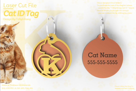 K Cat ID Tag Laser Cut File SVG
