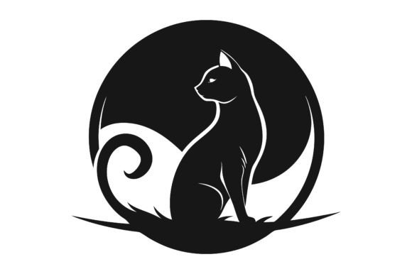 Round Cat with Moon Line Art Vector
