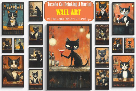 Tuxedo Cat Drinking a Martini Wall Art